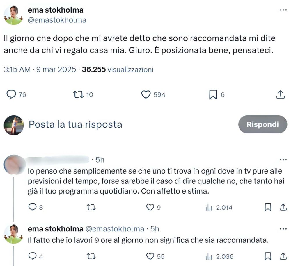 Ema Stokholma risponde alle accuse di raccomandazione: Se mi dite da chi, vi regalo casa mia